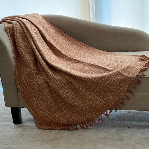 African Mud Cloth Woven Blanket, Handmade Cotton Sofa Throw, Hand Block Printed Throw Blanket with Tassels, Gift For Her