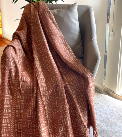 African Mud Cloth Woven Blanket, Handmade Cotton Sofa Throw, Hand Block Printed Throw Blanket with Tassels, Gift For Her