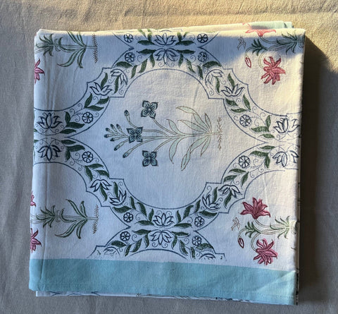 Floral block print tablecloth, Blue block print tablecloth square, Handmade party tablecloth, Cotton tablecloth, New home gift