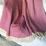 Pink throw blanket with tassels, Cotton Pink Throw,Reprocessed Throw blanket,Outdoor Blanket,Gift for daughter,Hot Pink Chevron stripes