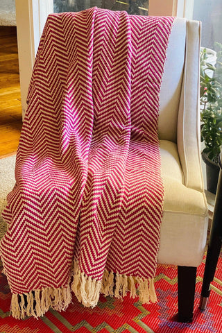 Pink throw blanket with tassels, Cotton Pink Throw,Reprocessed Throw blanket,Outdoor Blanket,Gift for daughter,Hot Pink Chevron stripes