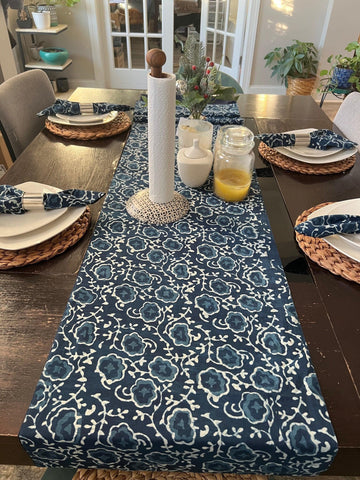 Blue and White Flower Pattern, Hand Block Print Tablecloth Table Cover Set for Wedding, Outdoor Events Home Farmhouse party, Gift