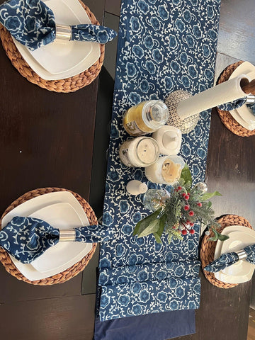 Blue and White Flower Pattern, Hand Block Print Tablecloth Table Cover Set for Wedding, Outdoor Events Home Farmhouse party, Gift