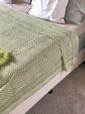 King Size Reversible Kantha Oversize Throw Pure Cotton Bedding Handmade Bedcover, Elegant Spring Pastel Green White Floral,  Unique gfit