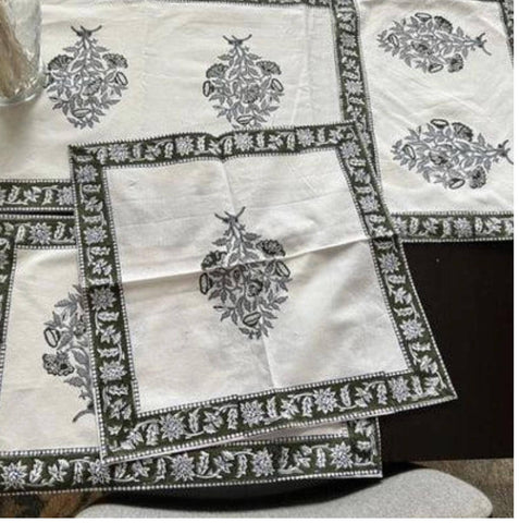 Green premium quality cotton block print table runner set of six  Border print napkins for Dining table decor placement set Gift for home