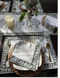 Green premium quality cotton block print table runner set of six  Border print napkins for Dining table decor placement set Gift for home