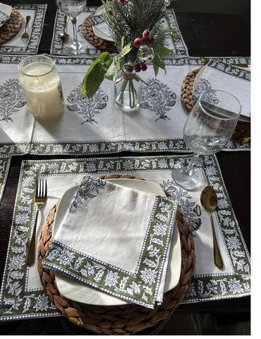 Green premium quality cotton block print table runner set of six  Border print napkins for Dining table decor placement set Gift for home