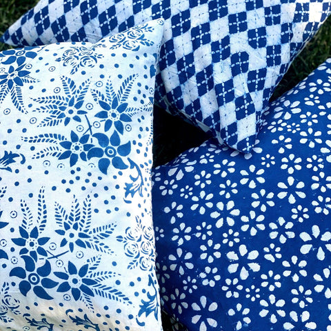 Block Print Throw Pillow Case in 20"x 20" Mix and Match Floral Blue and White Block Print Throw Pillow Cover for Guest Room, Home Decor