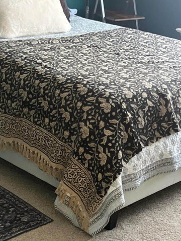Block print throw blanket with tassels Handmade throw blanket couch sofa throw boho blanket for bedroom decor Mothers day gift