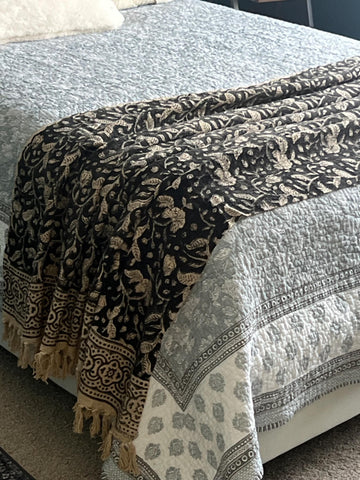 Block print throw blanket with tassels Handmade throw blanket couch sofa throw boho blanket for bedroom decor Mothers day gift