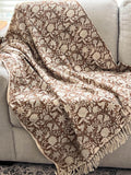 Brown floral throw blanket with tassels Boho home decor Hand block print sofa throw handmade throw for boho bed room decor Housewarming gift