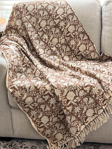 Brown floral throw blanket with tassels Boho home decor Hand block print sofa throw handmade throw for boho bed room decor Housewarming gift