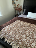 Brown floral throw blanket with tassels Boho home decor Hand block print sofa throw handmade throw for boho bed room decor Housewarming gift