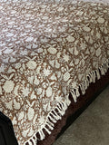 Brown floral throw blanket with tassels Boho home decor Hand block print sofa throw handmade throw for boho bed room decor Housewarming gift