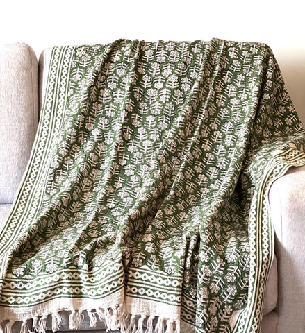 Spring Green blanket, Handmade blanket couch Sofa throw bedroom decor, Hand block print blanket Mother's day gift for mom