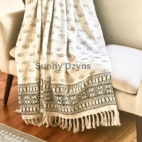 Handmade throw blanket couch Black floral block print throw, Boho home decor, King/Queen Woven bedding for bedroom Housewarming gift for her