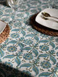 Blue Indian Hand Block Floral Printed Cotton Table Cover, Table Top, French Tablecloth, Wedding Home Decor, Gift for Home