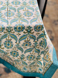 Blue Indian Hand Block Floral Printed Cotton Table Cover, Table Top, French Tablecloth, Wedding Home Decor, Gift for Home