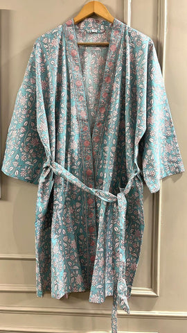 Blue Cotton Kimono Robe Dressing Gown, Hand Block Print Bridesmaid Robe, Summer Nightwear, One Size, Birthday gift for her