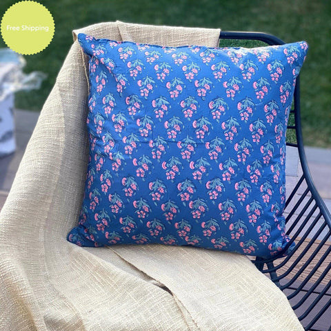 Blue Throw Pillow in  20x20, Hand Block Print Pillow Case for Sofa, Decorative Pillow, Pillow Case for Couch, Bed, Spring Summer Decor