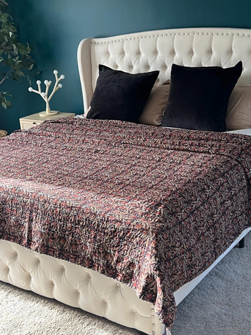 Floral Kantha Quilt Hand block Print floral Kantha quilt, Kantha throw Indian inspired Bedding Hand Stitched  cotton quilts  handmade gift