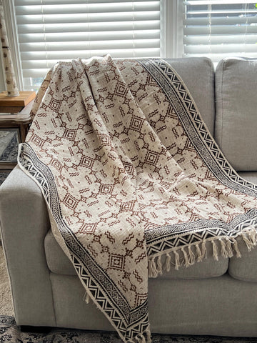 Brown floral throw blanket with tassels Boho home decor Hand block print sofa throw handmade throw for boho bed room decor Housewarming gift