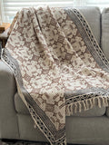 Brown floral throw blanket with tassels Boho home decor Hand block print sofa throw handmade throw for boho bed room decor Housewarming gift