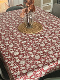 Rec Block Print Tablecloth, Tablecloth, Christmas Tablecloth Rectangle, Cotton Boho Red Floral Table Scape, Holiday/Christmas Decor