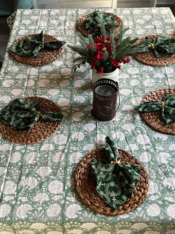 Sage Green Floral Indian BlockPrint Table Cloth for Dining Table, Christmas Table scape, Holiday Decor for Home