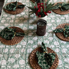 Sage Green Floral Indian BlockPrint Table Cloth for Dining Table, Christmas Table scape, Holiday Decor for Home