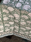 Sage Green Floral Indian BlockPrint Table Cloth for Dining Table, Christmas Table scape, Holiday Decor for Home