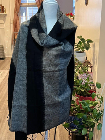 Black and Gray Himalayan Yak Wool Scarf, Blanket, Soft Oversized, Scarf, Shawl, Yoga Meditation throw, Handmade in Nepal, Cozy gift for her