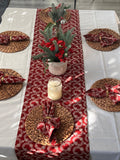 Red block print cotton table runner with napkins,, handprinted table linen, Wreath print, Christmas table scape