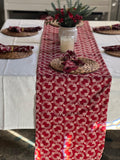 Red block print cotton table runner with napkins,, handprinted table linen, Wreath print, Christmas table scape
