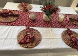 Red block print cotton table runner with napkins,, handprinted table linen, Wreath print, Christmas table scape