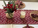 Red block print cotton table runner with napkins,, handprinted table linen, Wreath print, Christmas table scape