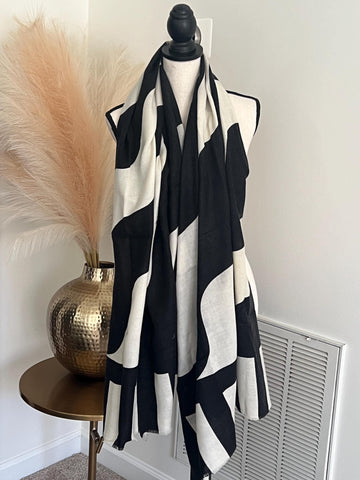 Black and white abstract pattern wool Scarf,  Warm and Cozy Scarf,  Oversized Scarf for Women,  Abstract Woven Print Handmade Gift for her