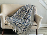Blue Floral Print Throw Blanket Couch, Boho Decorative Blanket for Living Room,Cotton Woven Throw blanket for Bedroom, B day Gift for friend