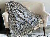 Blue Floral Print Throw Blanket Couch, Boho Decorative Blanket for Living Room,Cotton Woven Throw blanket for Bedroom, B day Gift for friend