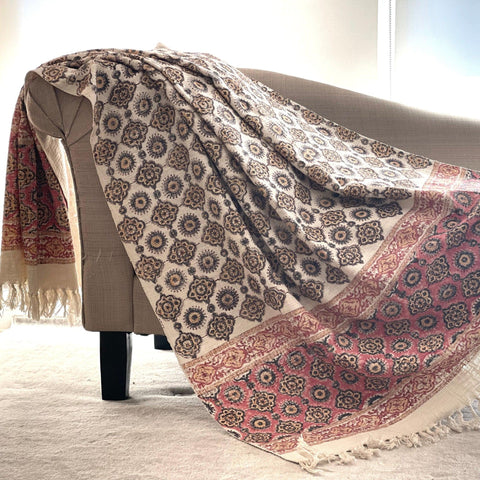 Handmade Throw, Pink throw blanket, Neutral Home Decor, Hand block printed throw blanket Queen Size Bed Throw Housewarming gift for friend