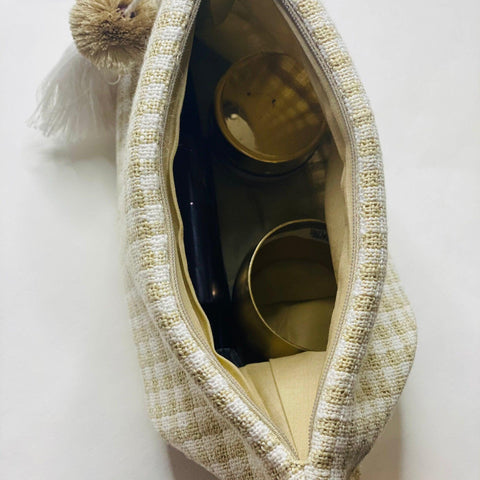 Boho Make Up Bag, Linen Toiletry Bag, Beige and White Cosmetic Bag, Unique Gift Women. Bridesmaid Gift, Zipper Pouch