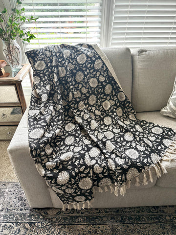 Cotton boho floral throw blanket couch Cotton blanket with tassels hand block aesthetic decor for home handmade unique gift for housewarming
