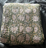 Cotton bedding kantha quilt hand block print handmade throw blanket, green floral coverlet Home decor gift