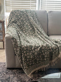 Green floral throw blanket couch Handmade throw blanket with tassels Hand block print cotton bedding Spring home decor Hand loomed throw