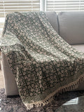 Green floral throw blanket couch Handmade throw blanket with tassels Hand block print cotton bedding Spring home decor Hand loomed throw
