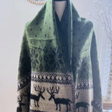 Himalayan Yak Wool Scarf, Green Reindeer Christmas Scarf/Wrap/Shaw, Cozy Warm Christmas Scarf Reindeer