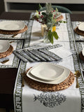 Green premium quality cotton block print table runner set of six  Border print napkins for Dining table decor placement set Gift for home