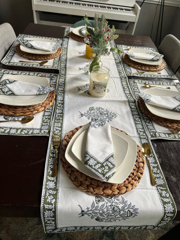 Green premium quality cotton block print table runner set of six  Border print napkins for Dining table decor placement set Gift for home