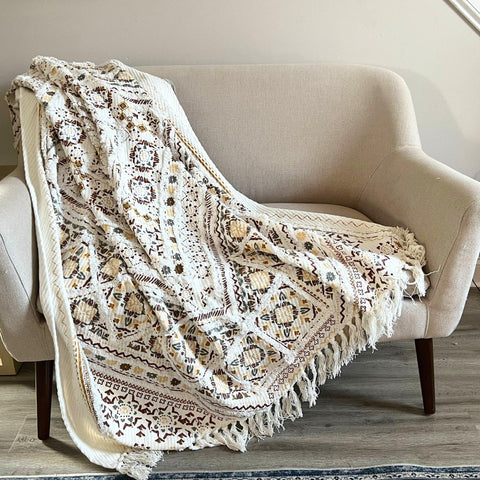 Beautiful Luxury Boho Blanket Handmade woven block print throw blanket with tassels home inspirations sofa throw room decor gift for friend