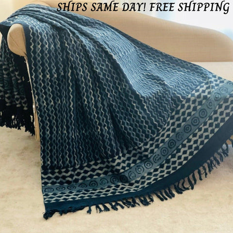 Indigo Blue Sofa Throw, Handmade Blanket, Oversize Throw Blanket,  Cotton Bedspread, Housewarming gift
